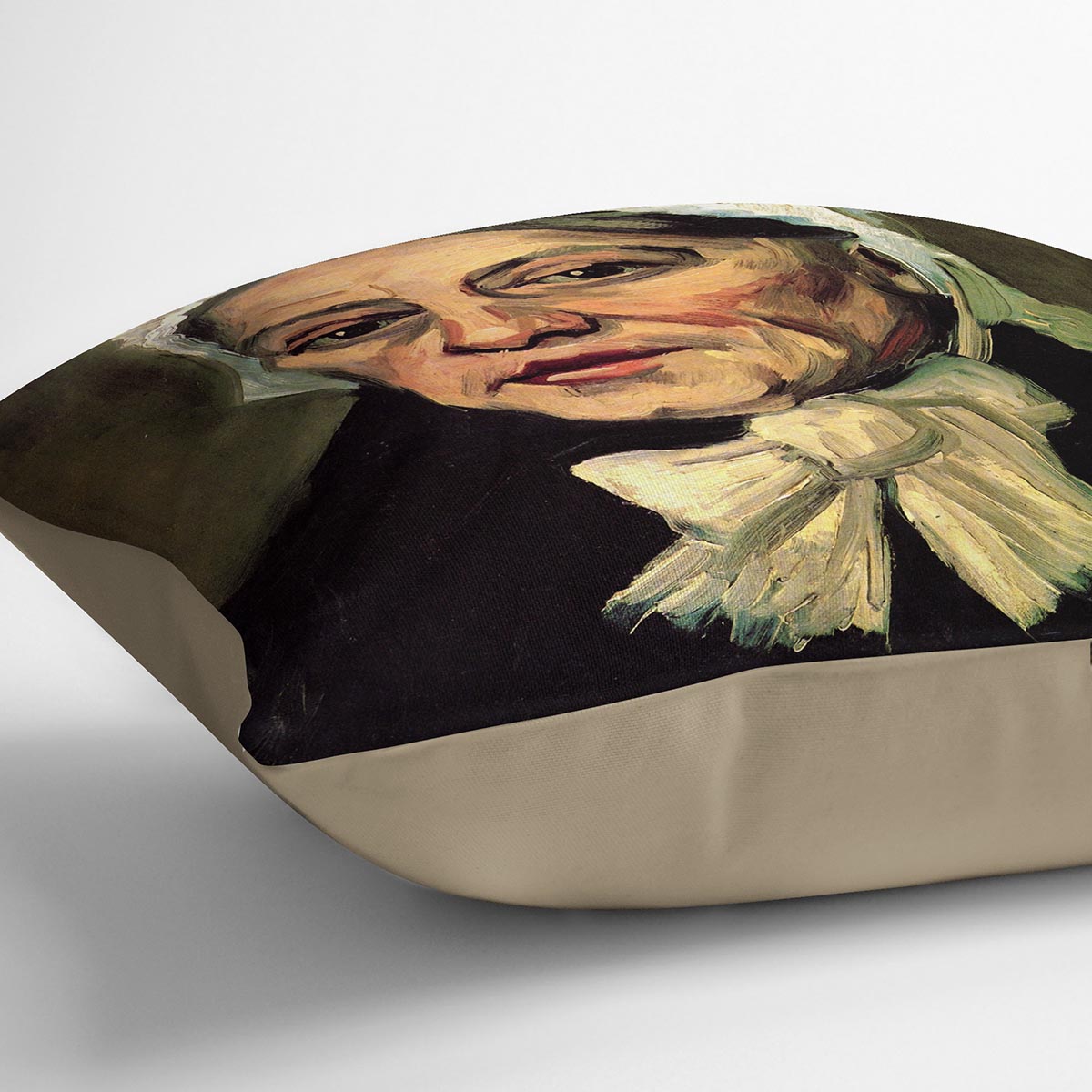 Cushion featuring Van Gogh's Head of an Old Woman with White Cap design, made from soft vegan faux suede.