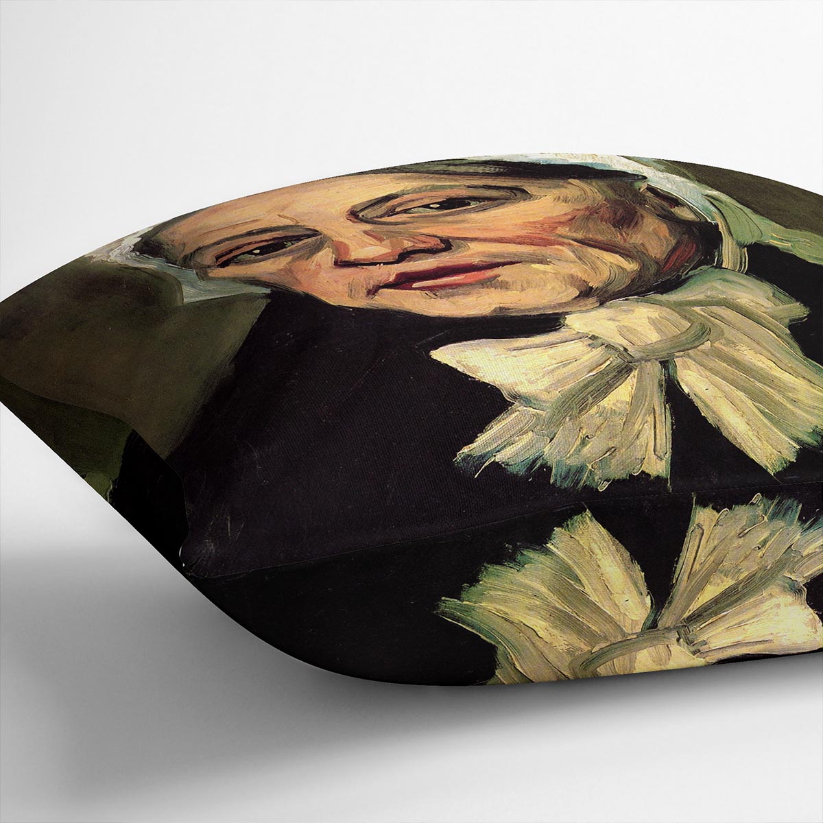 Cushion featuring Van Gogh's Head of an Old Woman with White Cap design, made from soft vegan faux suede.