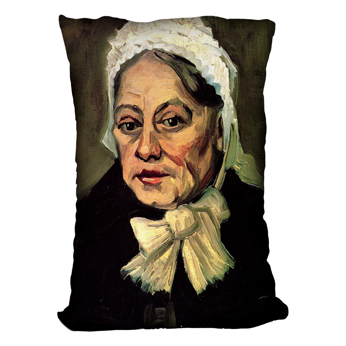 Cushion featuring Van Gogh's Head of an Old Woman with White Cap design, made from soft vegan faux suede.