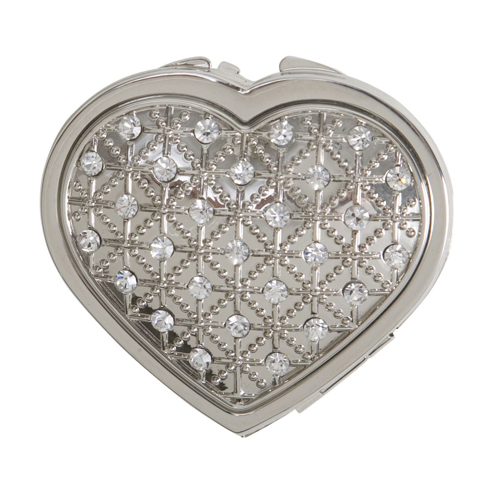 Heart-shaped compact mirror with 27 embedded crystals, featuring dual mirrors inside.
