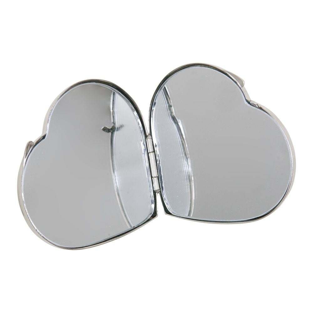 Heart-shaped compact mirror with 27 embedded crystals, featuring dual mirrors inside.
