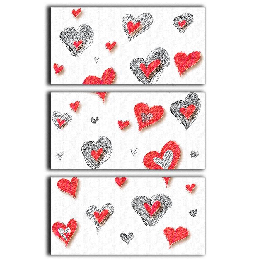Heart Pattern 3 Split Panel Canvas Print featuring three panels with a romantic heart design, perfect for home decor.