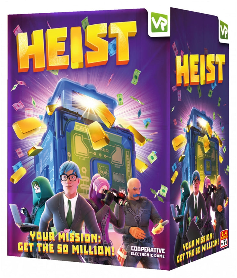 Heist game box featuring characters and electronic safe, designed for cooperative gameplay.