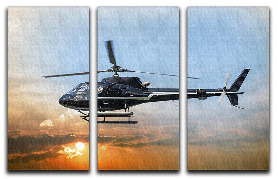A stunning 3-panel canvas print featuring a helicopter soaring over scenic landscapes, perfect for home or office decor.