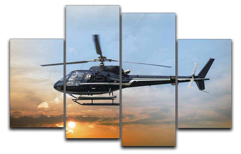 A stunning 4-panel canvas artwork featuring a helicopter in flight, showcasing vibrant colors and dynamic design.