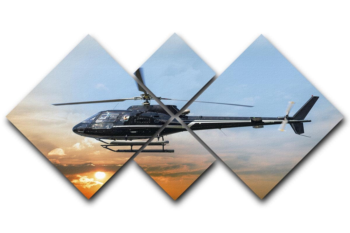 A stunning 4-panel canvas artwork featuring a helicopter in flight, showcasing vibrant colors and dynamic design.