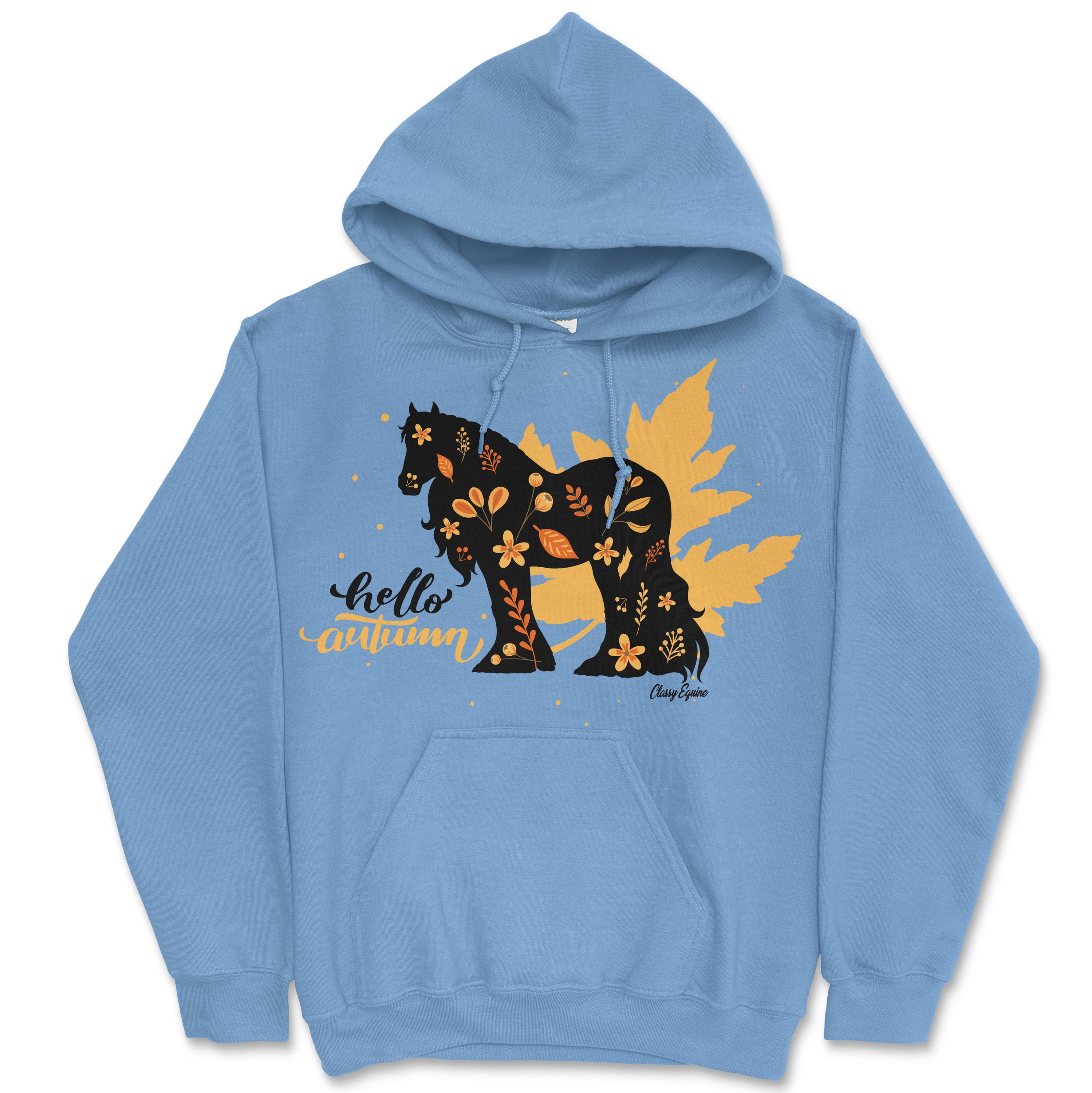 Hello Autumn Gypsy Horse Hooded Sweatshirt in blue and pink, featuring a cozy design and horse breed options.