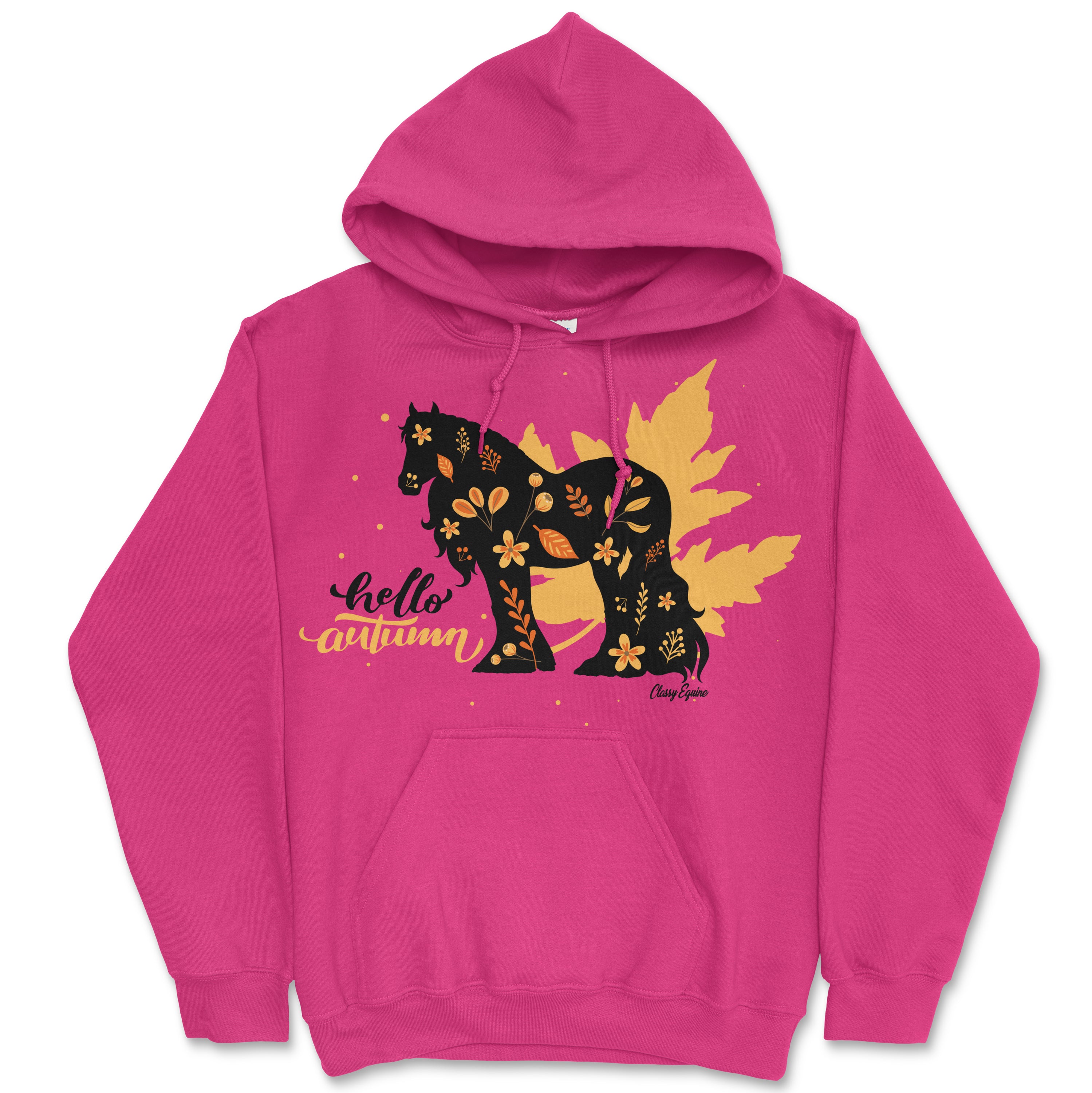Hello Autumn Gypsy Horse Hooded Sweatshirt in blue and pink, featuring a cozy design and horse breed options.
