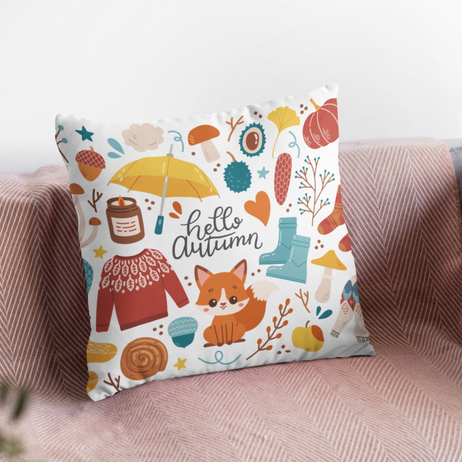Hello Autumn Kids Room Pillow Case featuring vibrant fall-themed digital print, perfect for seasonal decor.