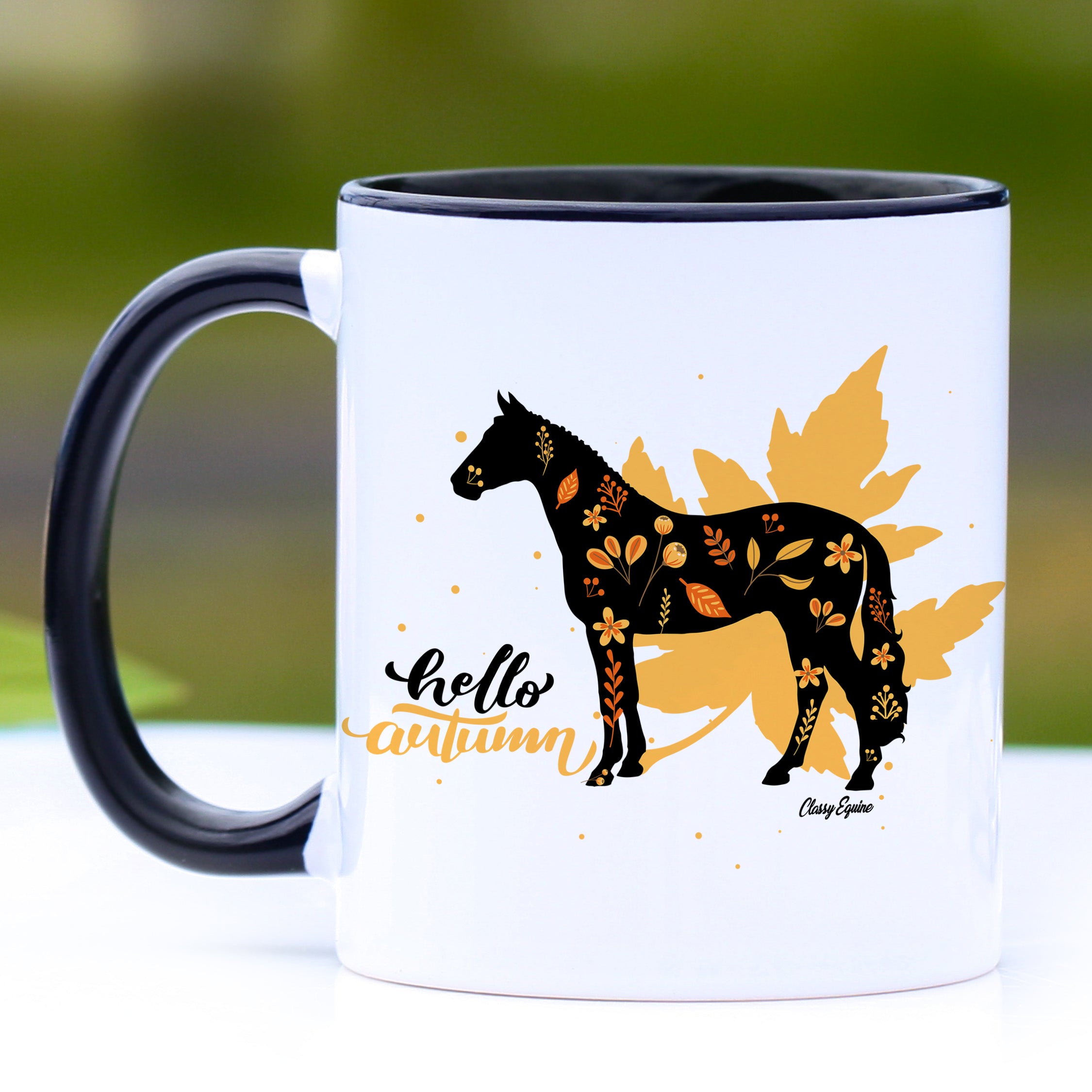 Hello Autumn Sport Horse Coffee Mug with black handle and interior, showcasing autumn-themed design.
