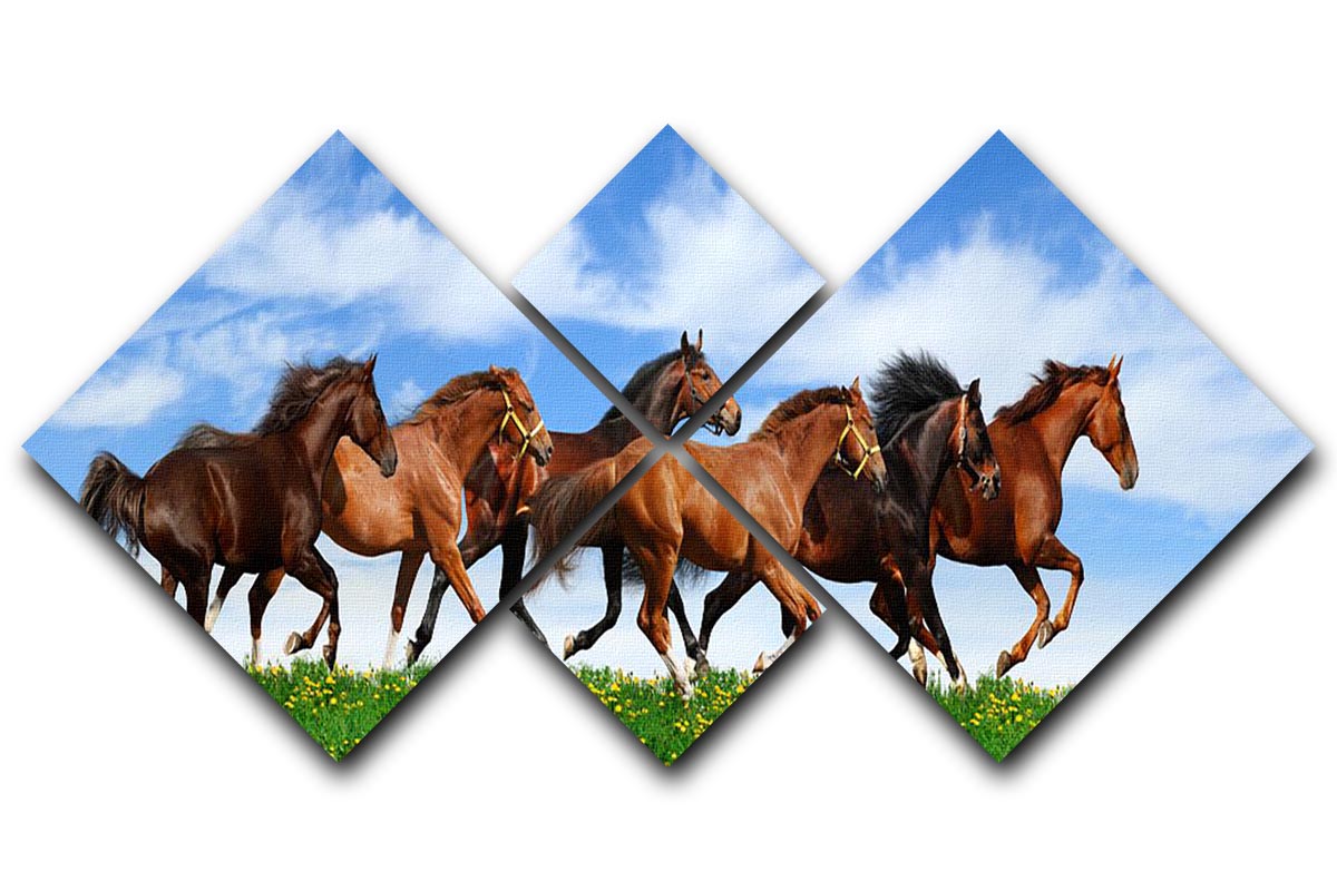A beautiful multi-panel canvas artwork depicting a herd of horses galloping through a vibrant green field, divided into four equal square sections.