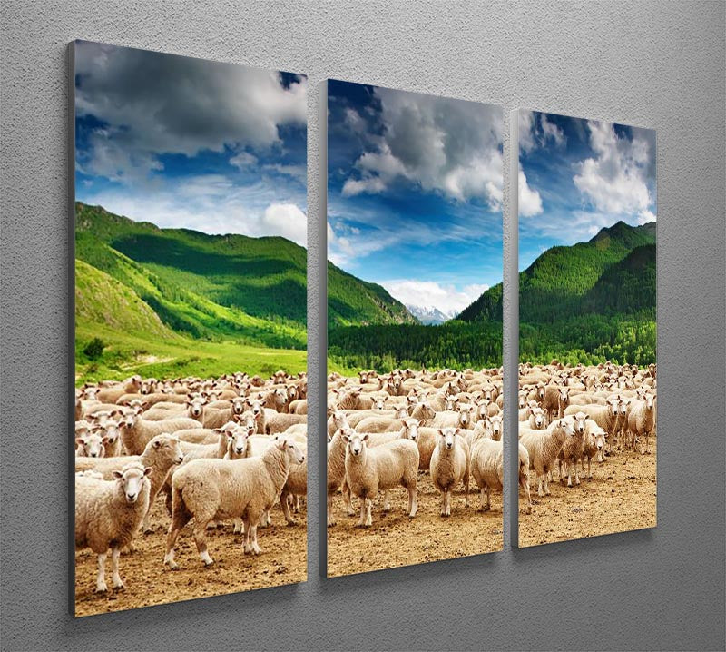 A beautiful 3-panel canvas print featuring a herd of sheep grazing in a serene landscape, perfect for home decor.