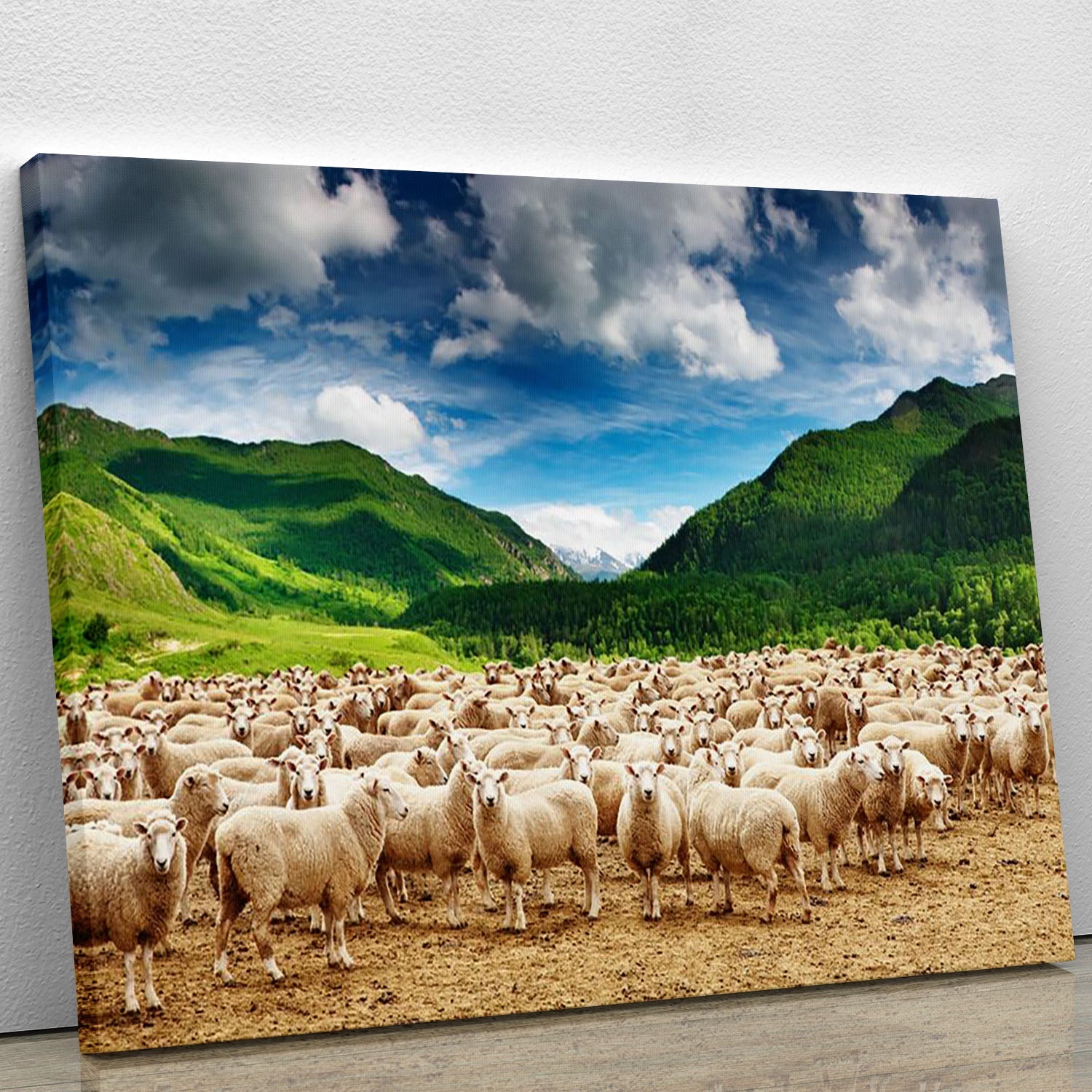 A beautiful canvas print featuring a herd of sheep grazing in a serene landscape, showcasing vibrant colors and intricate details.