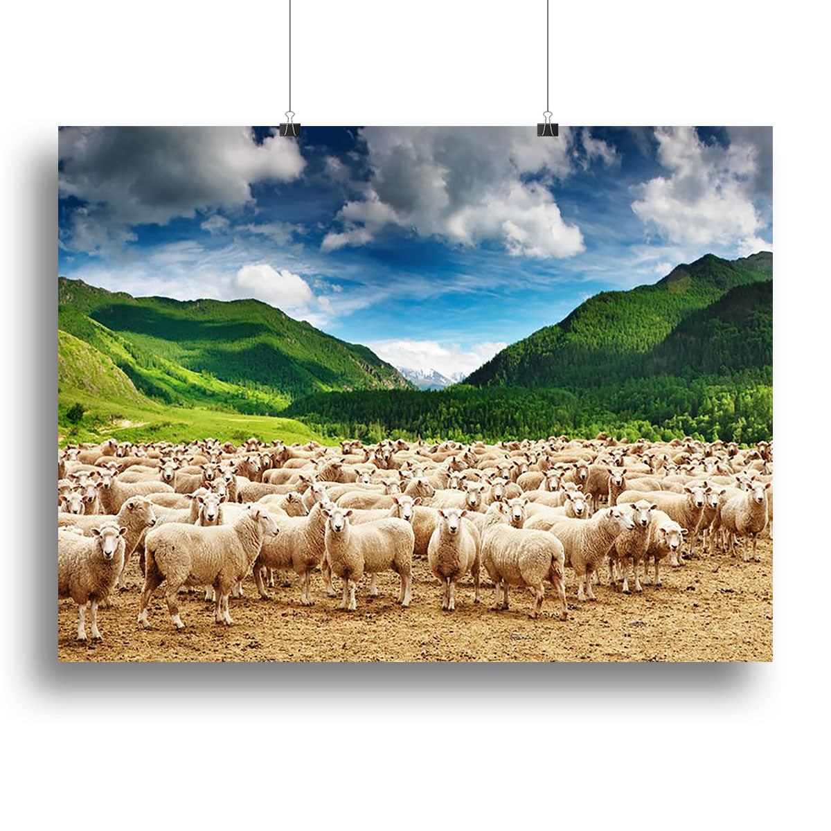 A beautiful canvas print featuring a herd of sheep grazing in a serene landscape, showcasing vibrant colors and intricate details.