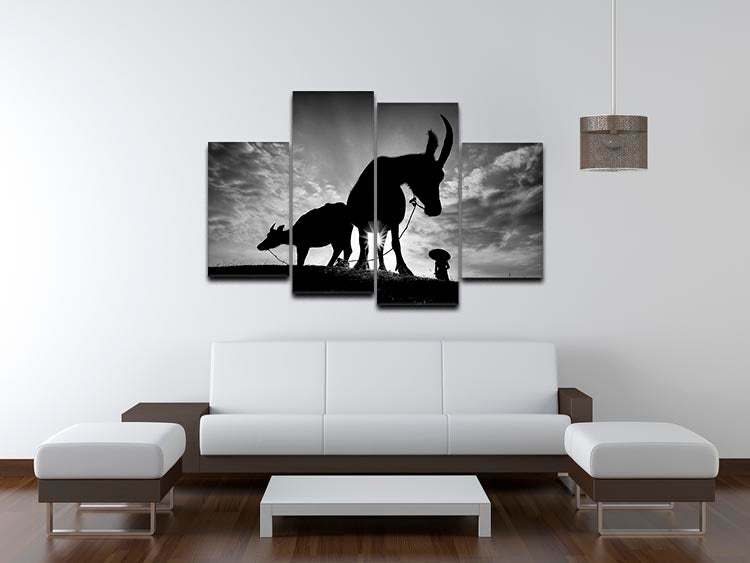 A stunning 4-split panel canvas artwork featuring herding buffalos, showcasing dynamic movement and vibrant colors.
