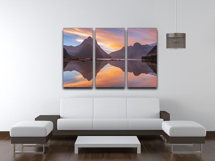 A stunning 3-panel canvas print depicting a high mountain glacier at Milford Sound, showcasing vibrant colors and intricate details.