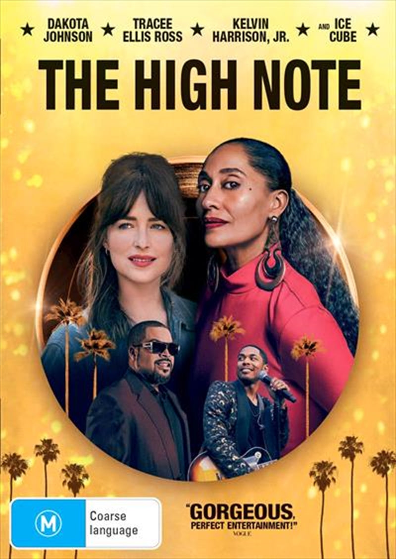 Cover of 'High Note' DVD featuring a glamorous singer and her assistant, symbolizing ambition and dreams.