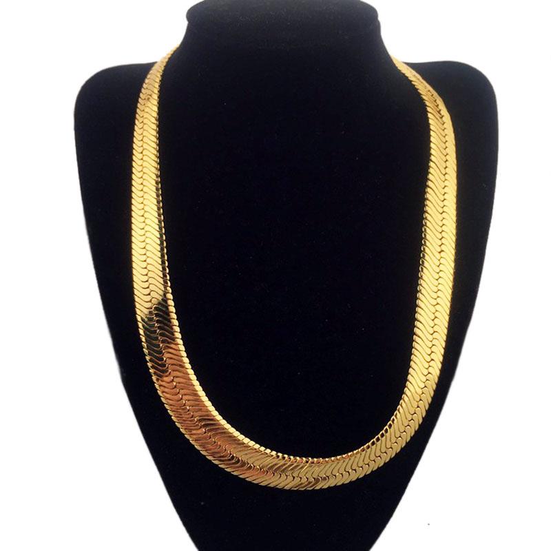 High quality 75cm*10mm Hip Hop Men Herringbone Chains Golden Necklace displayed elegantly, showcasing its shiny gold finish and intricate design.