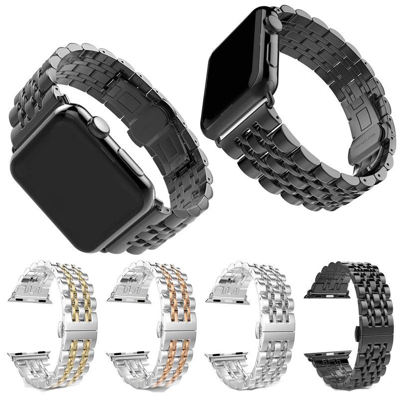 High quality black stainless steel strap for iWatch Series 1, 2, 3, and 4 with butterfly clasp design.