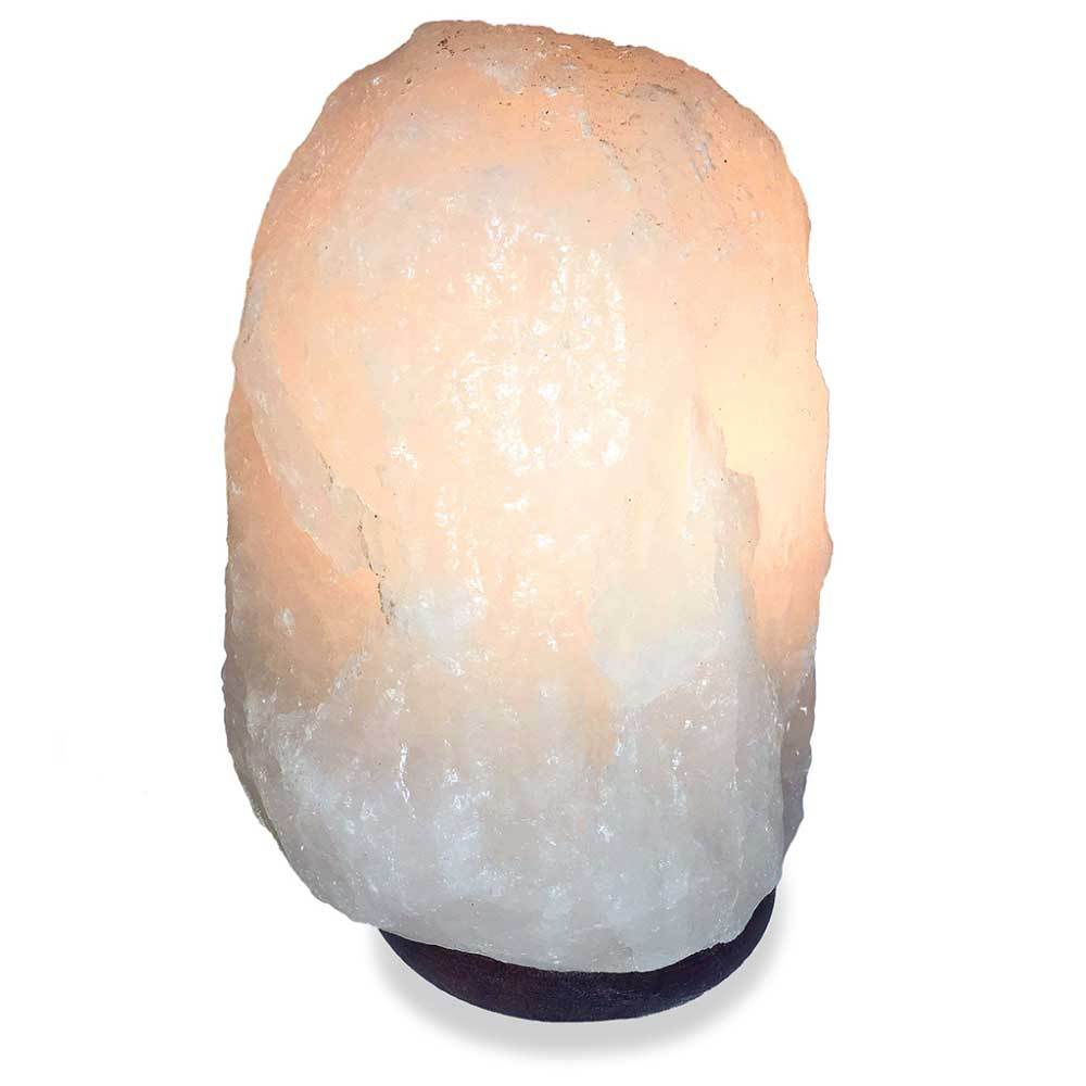 Himalayan White Rock Salt Lamp with a natural shape, glowing softly, showcasing its unique crystal texture and warm light.
