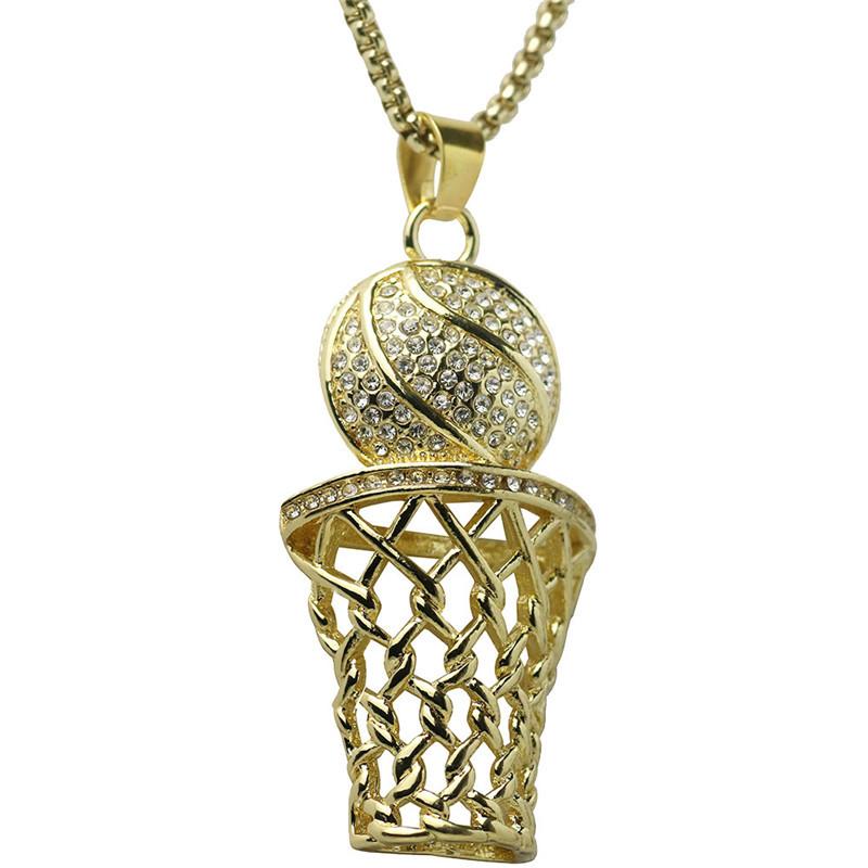 Hip Hop Bling Iced Out Full Rhinestone Basketball Pendant Necklace featuring a sparkling rhinestone basketball pendant on a twisted Singapore chain.
