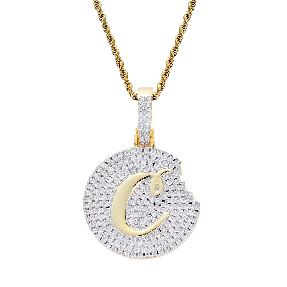 Hip hop cookie diamonds pendant necklace featuring luxury crystal accents, 18K gold plating, and a stainless steel chain.
