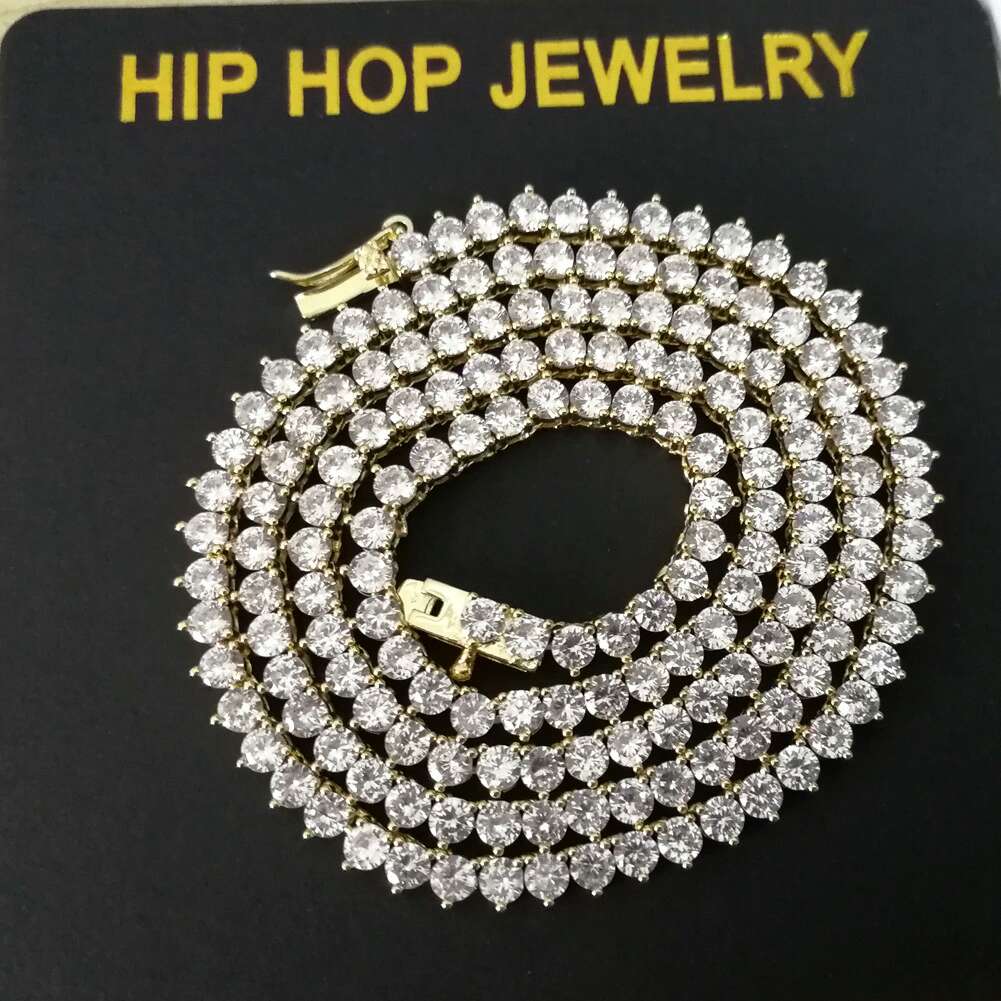 Luxury hip hop diamonds tennis chain necklace for men and women, featuring 18K gold and platinum plating with cubic zirconia.