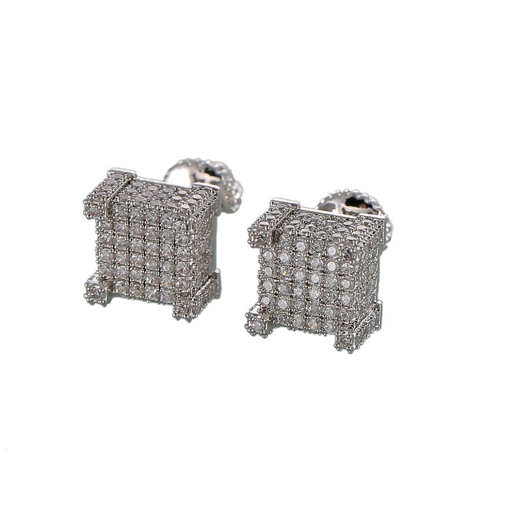 Hip Hop Earrings for Men featuring gold and silver iced out CZ square stud design, perfect for stylish fashion statements.