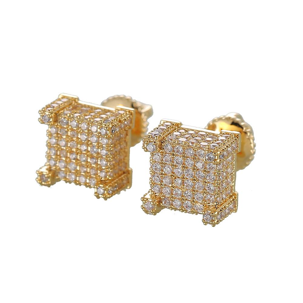 Hip Hop Earrings for Men featuring gold and silver iced out CZ square stud design, perfect for stylish fashion statements.