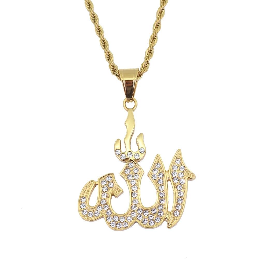 Hip hop Islamic Muslims diamond pendant necklace for men and women, featuring a stainless steel chain and rhinestone pendant in gold and silver colors.