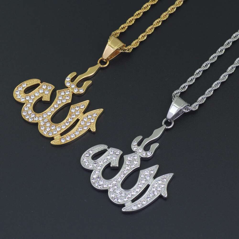 Hip hop Islamic Muslims diamond pendant necklace for men and women, featuring a stainless steel chain and rhinestone pendant in gold and silver colors.