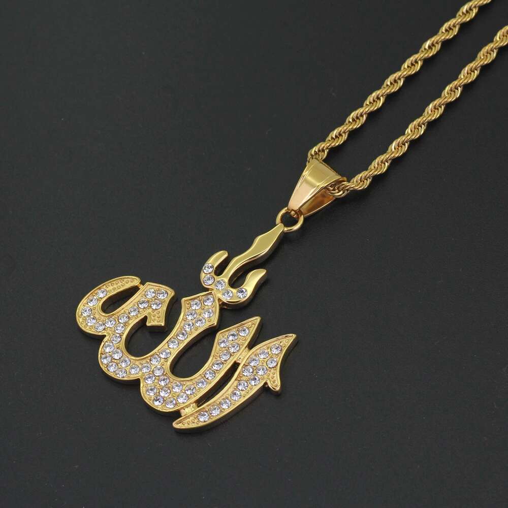Hip hop Islamic Muslims diamond pendant necklace for men and women, featuring a stainless steel chain and rhinestone pendant in gold and silver colors.