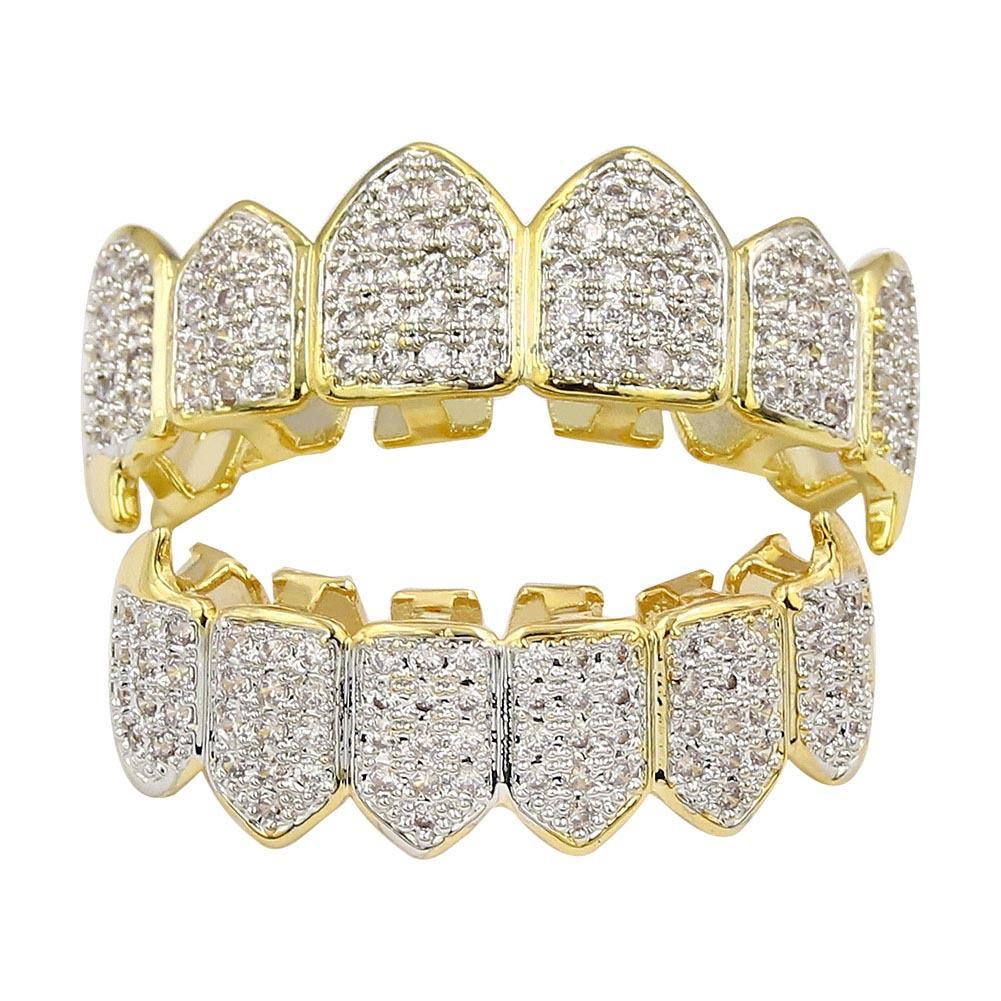 Stylish iced-out Hip Hop Jewelry Diamond Dientes Grillz for men and women, featuring gold and silver plating with a trendy design.