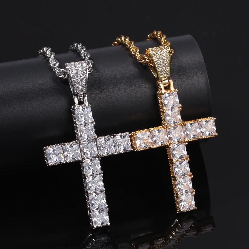 Hip Hop Square CZ Stone Setting Bling Iced Out Cross Pendants Necklace featuring a dazzling cross pendant in gold and silver plating.