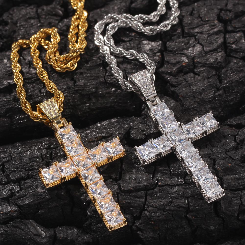 Hip Hop Square CZ Stone Setting Bling Iced Out Cross Pendants Necklace featuring a dazzling cross pendant in gold and silver plating.