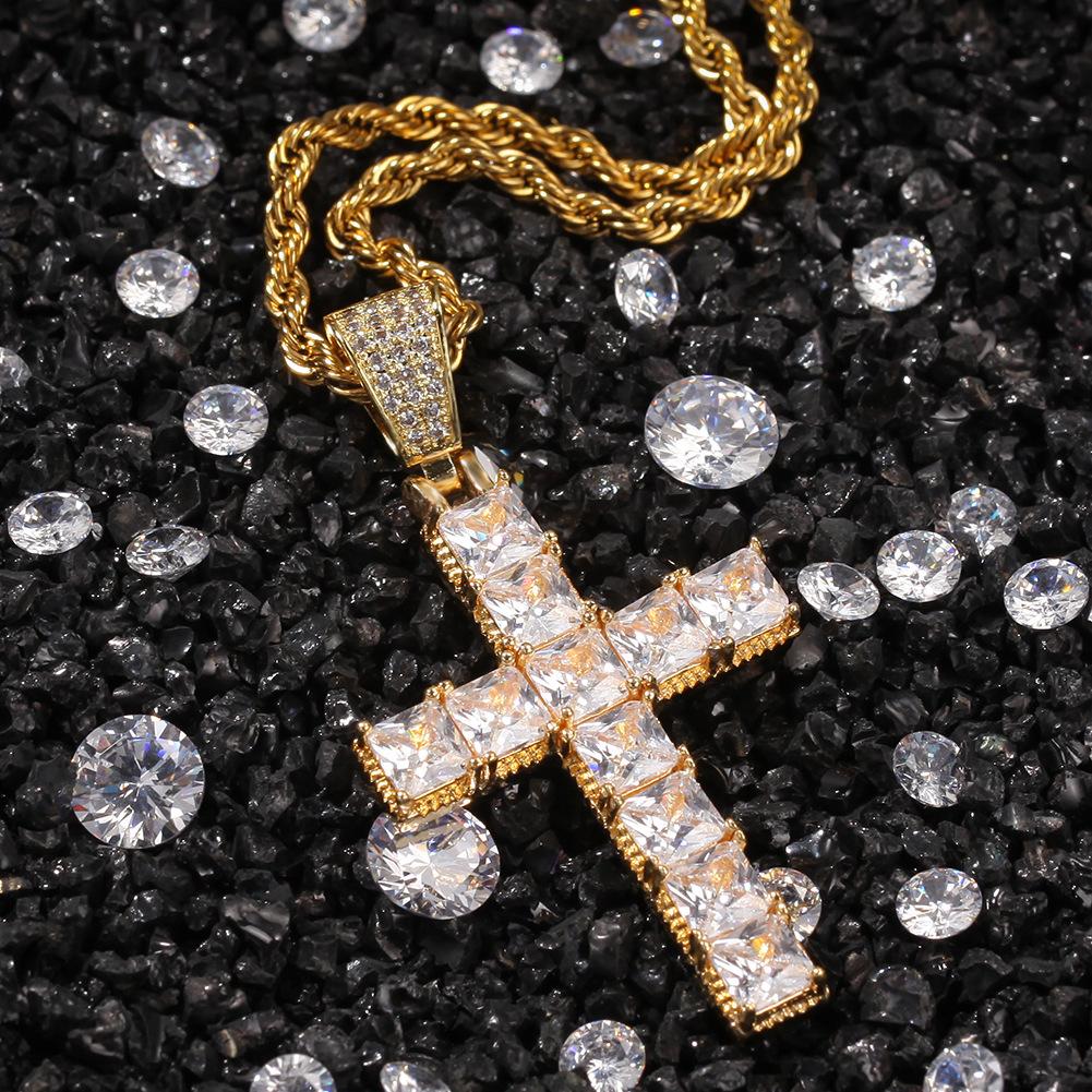 Hip Hop Square CZ Stone Setting Bling Iced Out Cross Pendants Necklace featuring a dazzling cross pendant in gold and silver plating.