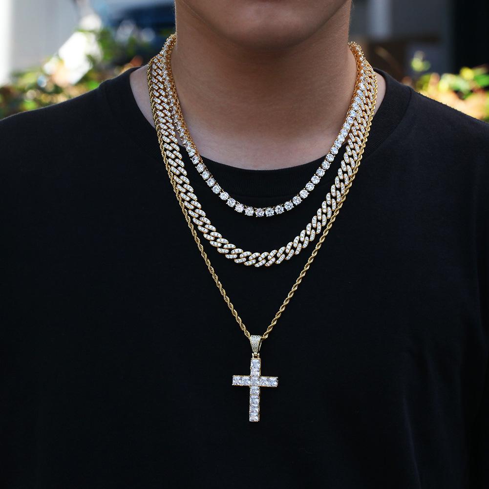 Hip Hop Square CZ Stone Setting Bling Iced Out Cross Pendants Necklace featuring a dazzling cross pendant in gold and silver plating.