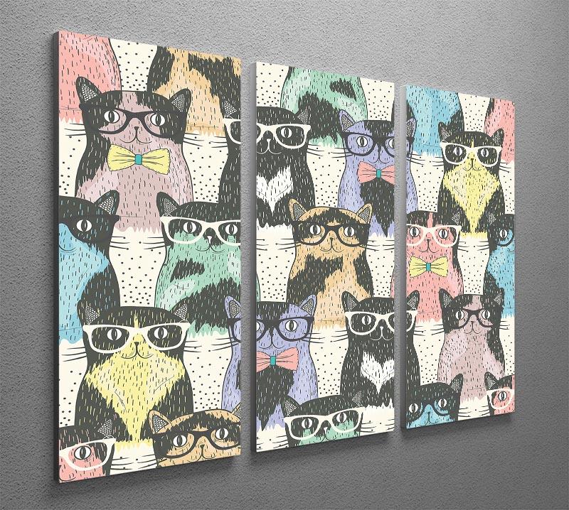 Three-panel canvas print featuring hipster cute cats in vibrant colors, perfect for home decor.