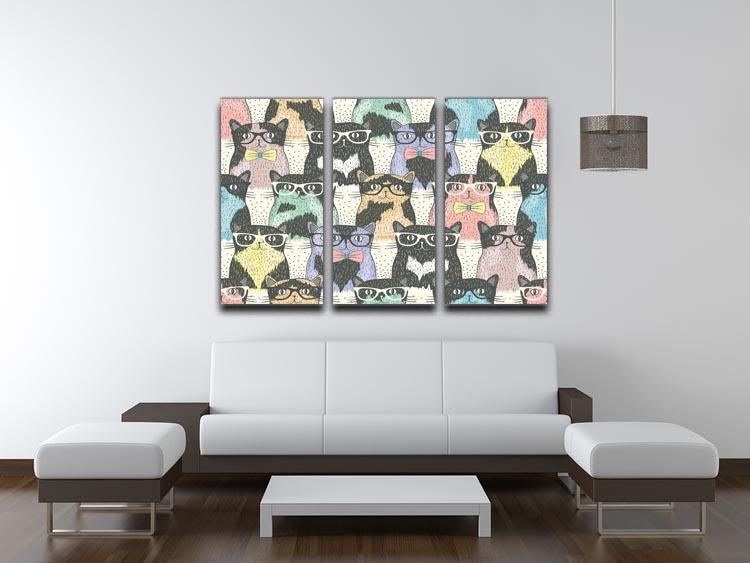 Three-panel canvas print featuring hipster cute cats in vibrant colors, perfect for home decor.