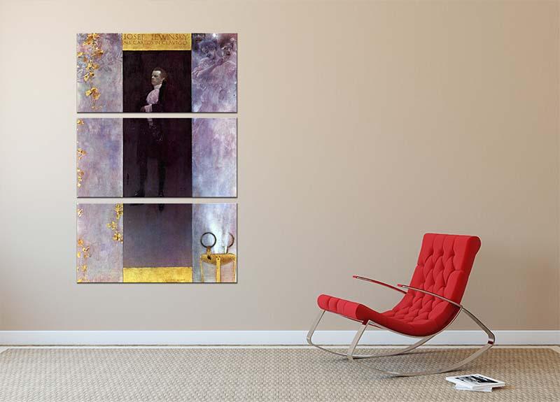 Three-panel canvas art featuring Hofburg actor Josef Lewinsky as Carlos, designed by Gustav Klimt, showcasing intricate patterns and vibrant colors.