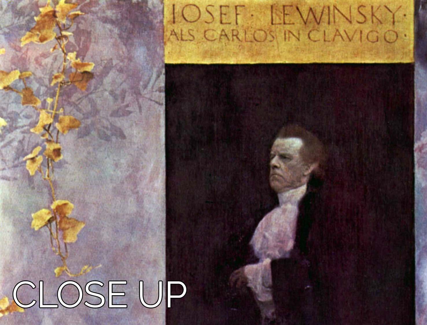 Three-panel canvas art featuring Hofburg actor Josef Lewinsky as Carlos, designed by Gustav Klimt, showcasing intricate patterns and vibrant colors.