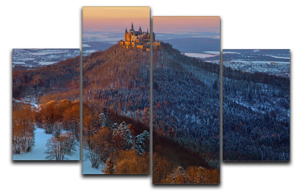 Hohenzollern In Winter Mood 4 Split Panel Canvas showcasing a serene winter landscape divided into four panels.