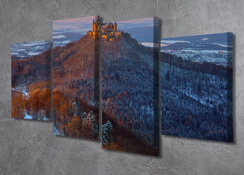 Hohenzollern In Winter Mood 4 Split Panel Canvas showcasing a serene winter landscape divided into four panels.