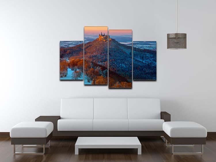 Hohenzollern In Winter Mood 4 Split Panel Canvas showcasing a serene winter landscape divided into four panels.