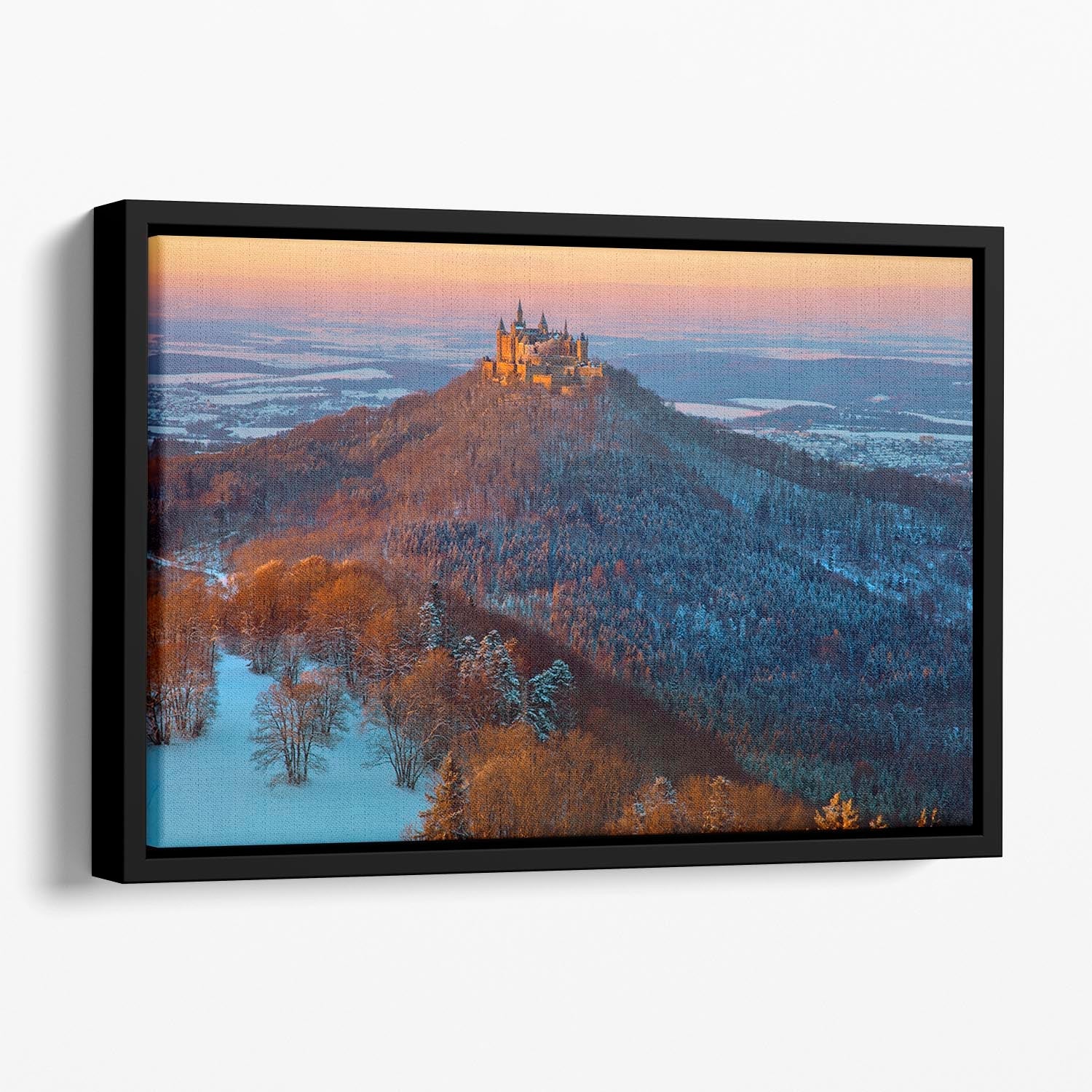 Hohenzollern In Winter Mood Floating Framed Canvas showcasing vibrant abstract winter colors in an elegant floating frame.