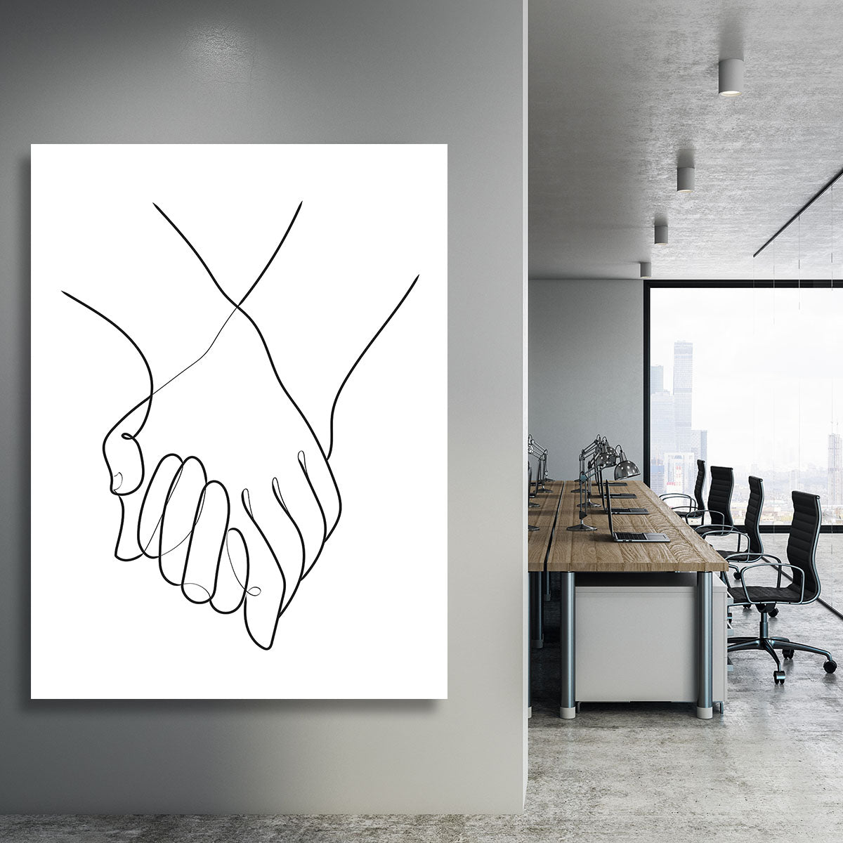 A beautiful canvas print featuring abstract lines of holding hands, symbolizing connection and unity, perfect for home decor.