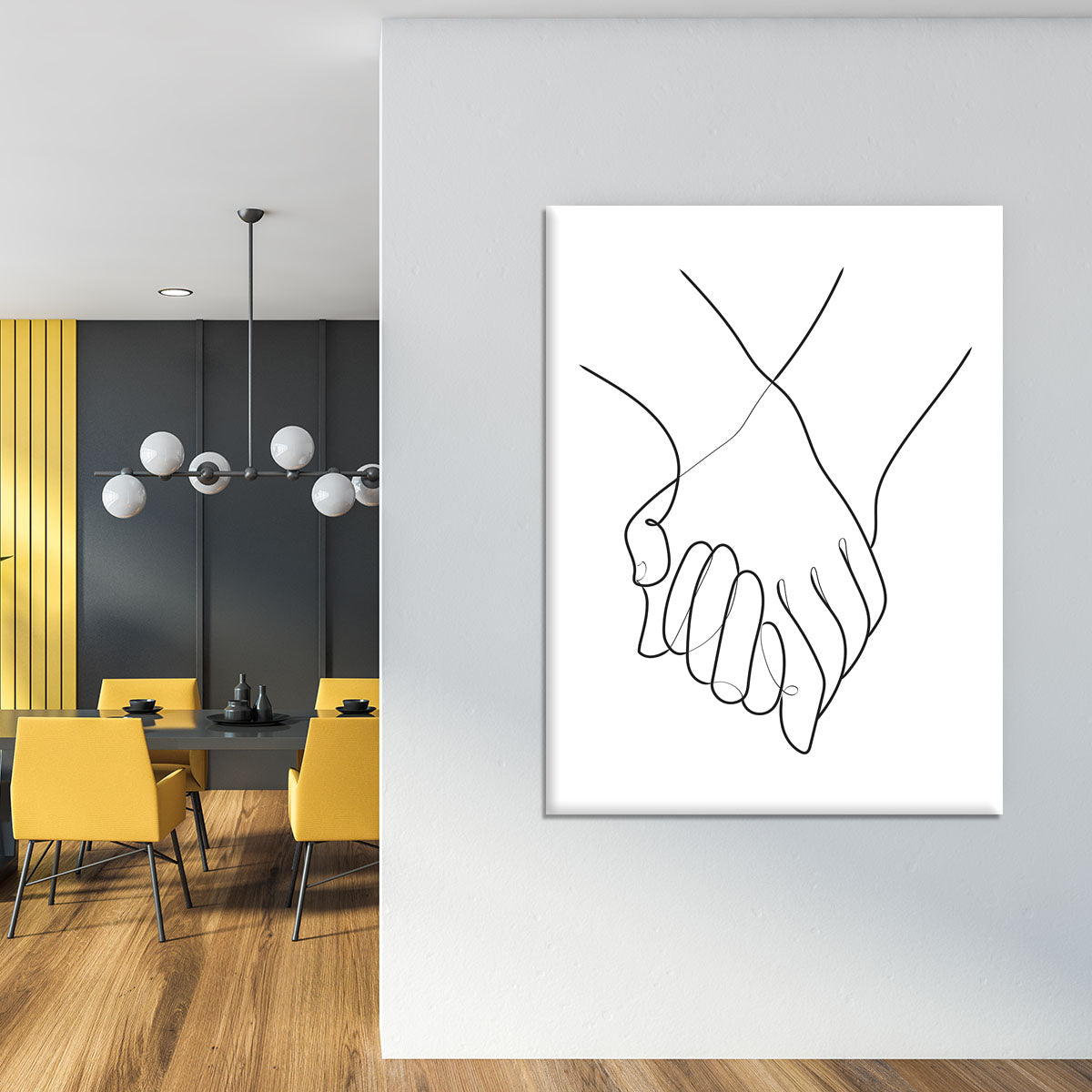 A beautiful canvas print featuring abstract lines of holding hands, symbolizing connection and unity, perfect for home decor.