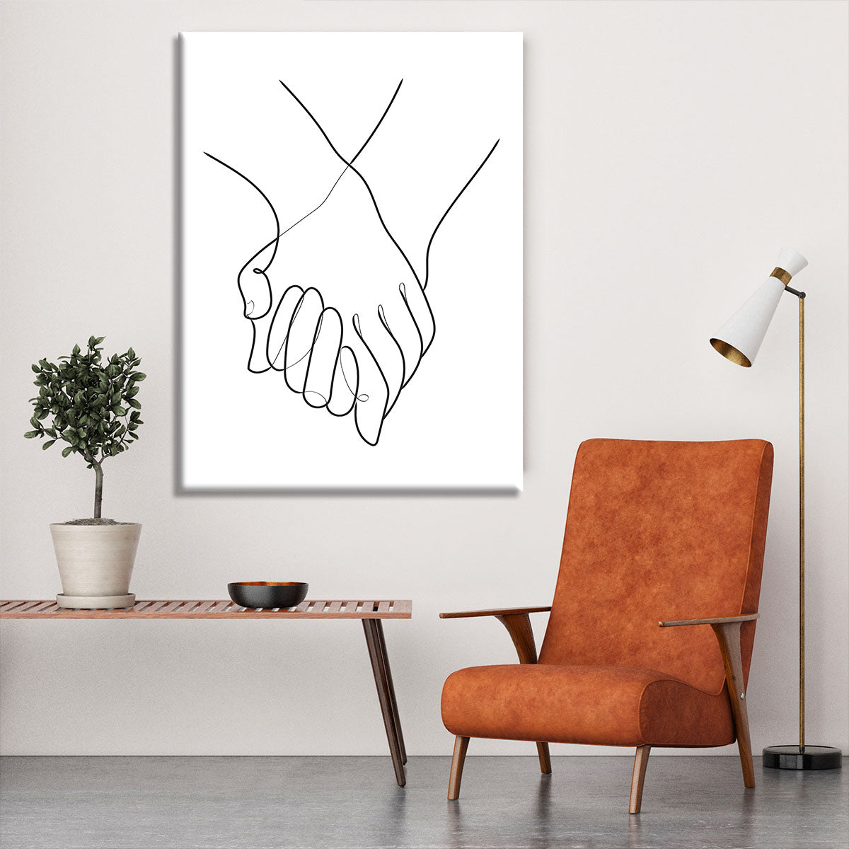 A beautiful canvas print featuring abstract lines of holding hands, symbolizing connection and unity, perfect for home decor.