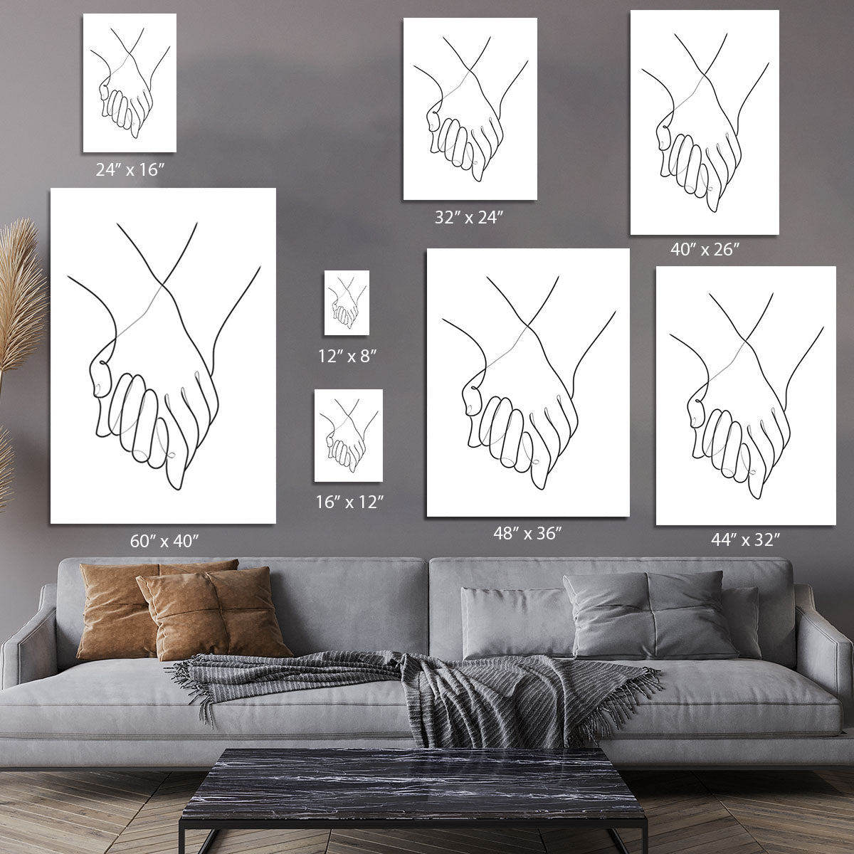A beautiful canvas print featuring abstract lines of holding hands, symbolizing connection and unity, perfect for home decor.