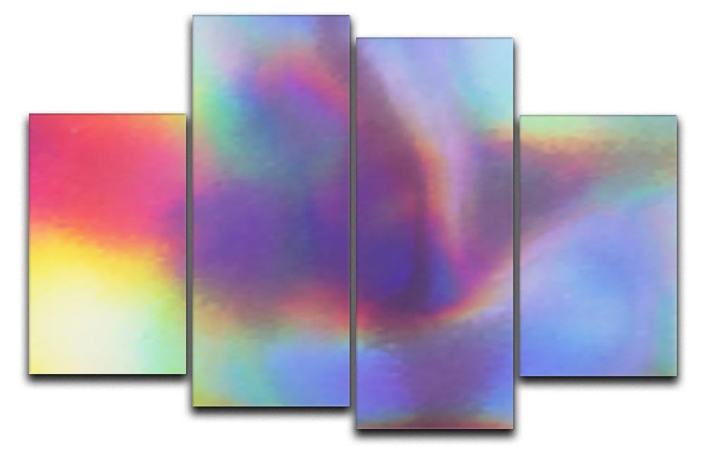 A vibrant Holographic Texture 4 Split Panel Canvas artwork, showcasing four panels with dynamic colors and patterns that change with light.
